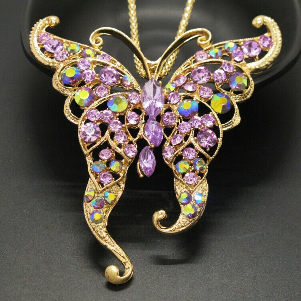 Sparkly Lavender Rainbow Aurora Borealis Rhinestone BUTTERFLY Pendant Necklace